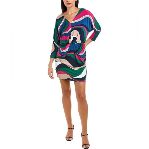 NWT TRINA TURK Trina Birch Dress Multi V-Neck Dolman Sleeve Size L - Picture 1 of 9